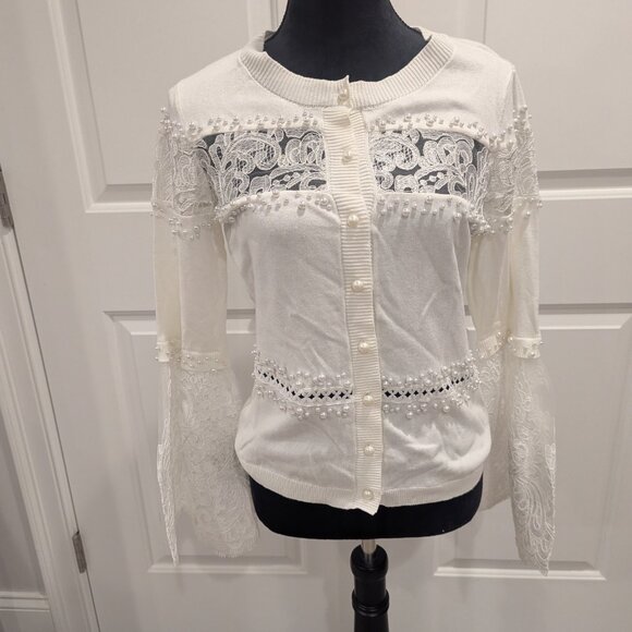 BOSTON PROPER new off-white pearl and lace embellished cardigan XS - Picture 3 of 7